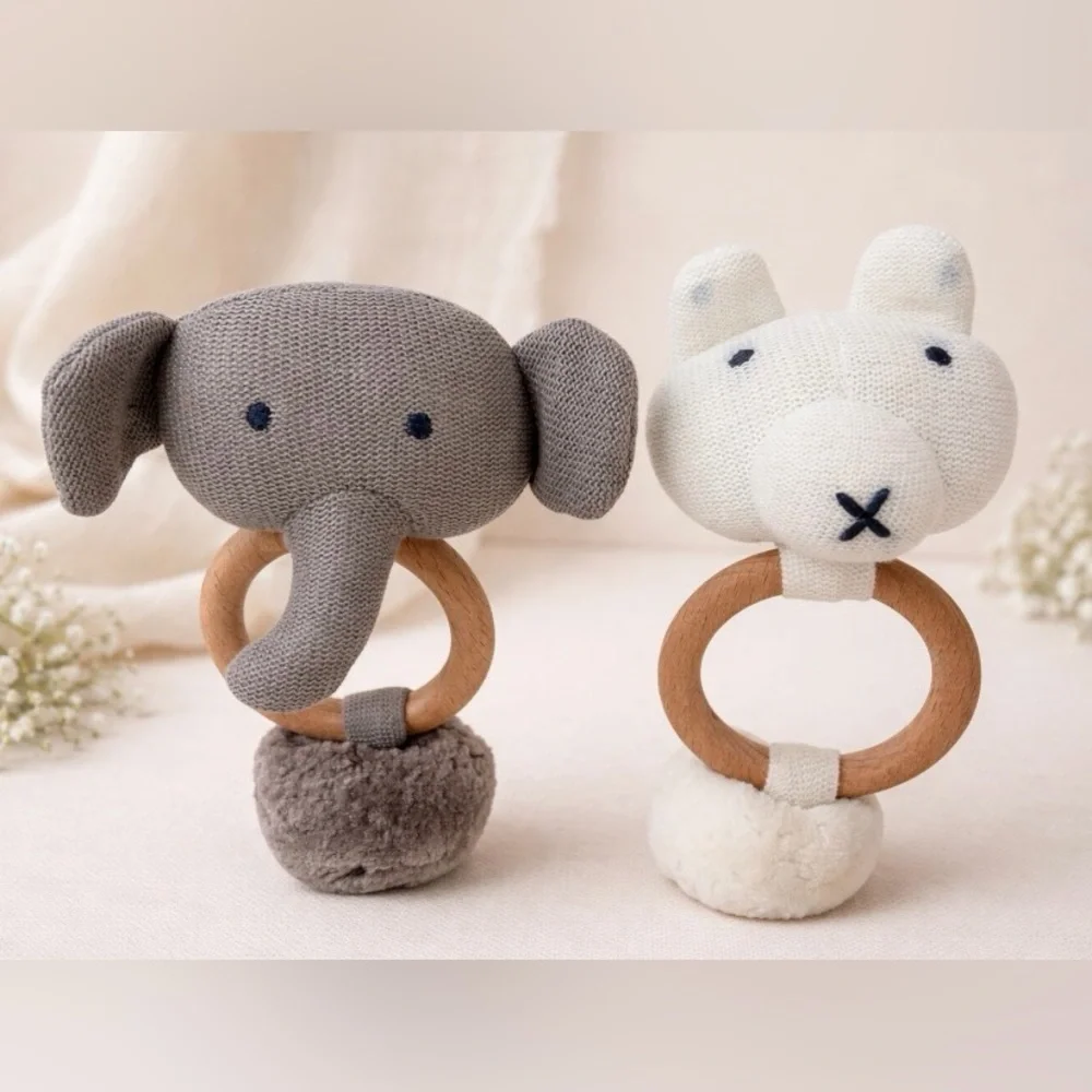 Zestt Organics Teether Rattle Baby Infant Lot 2 Gray Elephant White Bear RARE